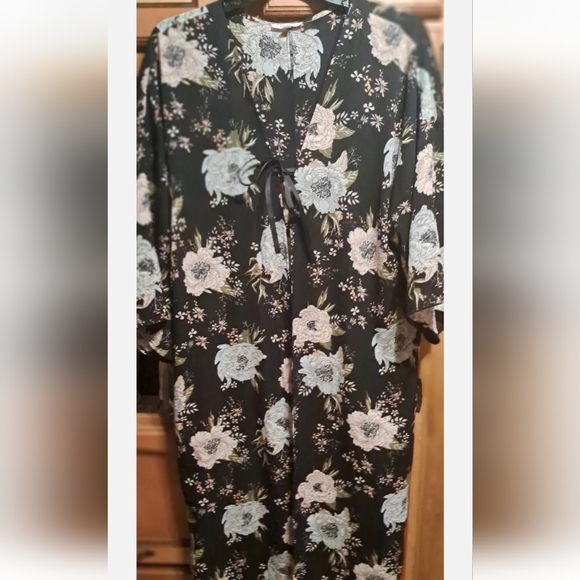 JODIFL Women's Med Black Floral Open Front Boho Kimono Duster Romantic - Picture 1 of 6